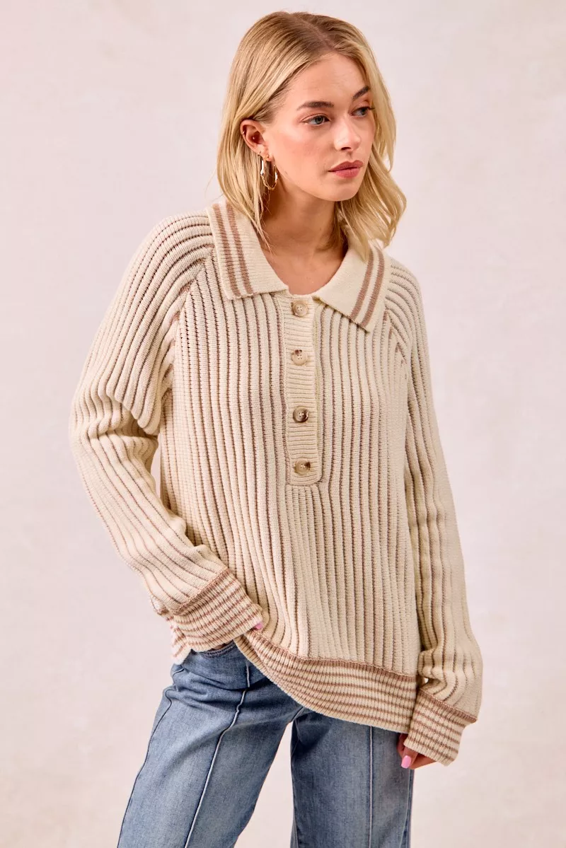 Half Button Ribbed Two Tone Sweater, image 5