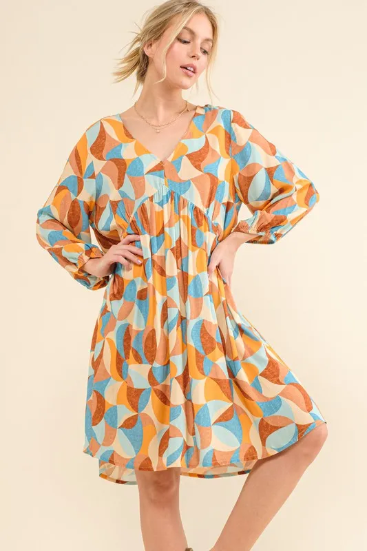 Printed Open Back Puff Sleeve Casual Dress
