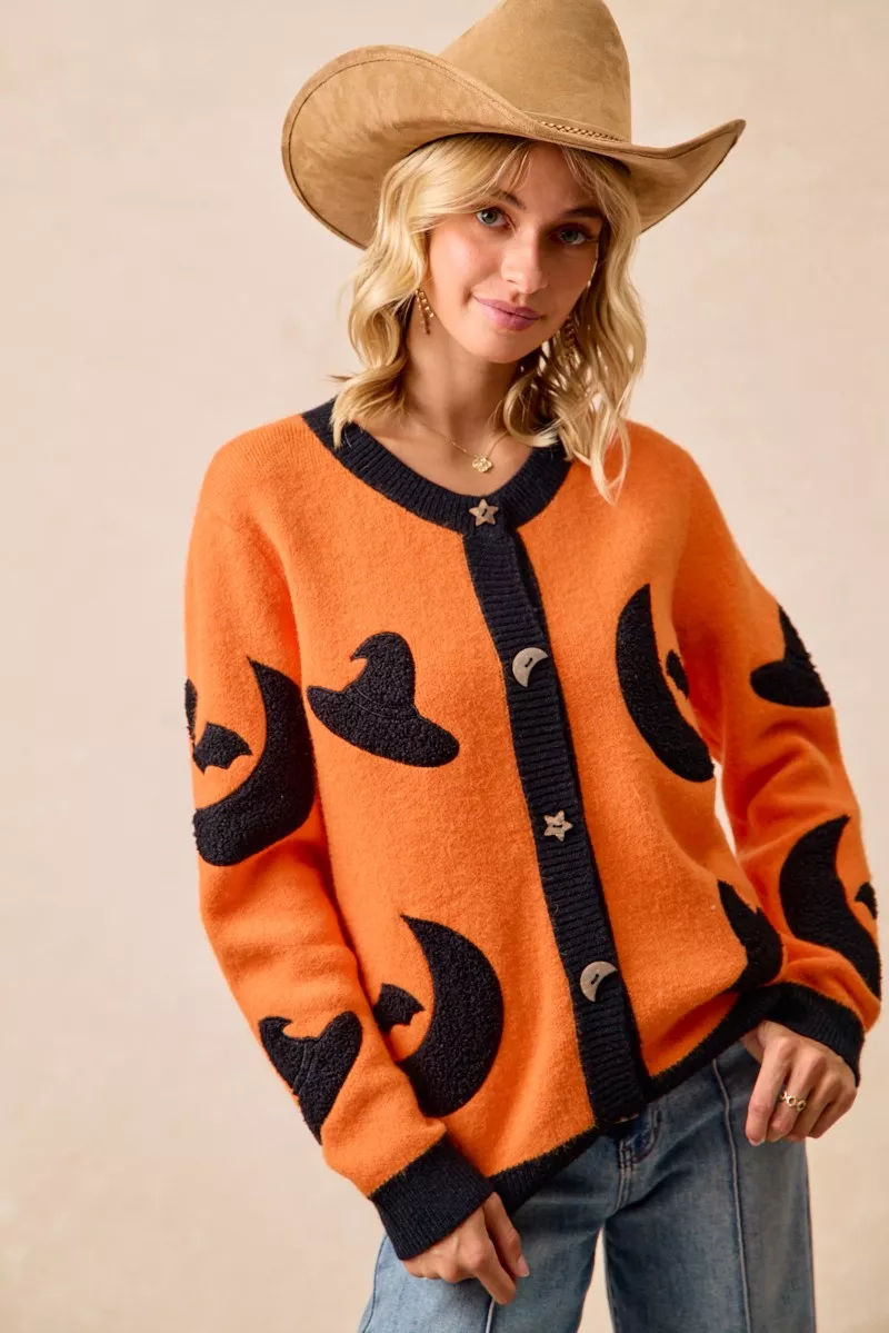 Halloween Witch Hat Moon Bat Artwork Cardigan, image 3