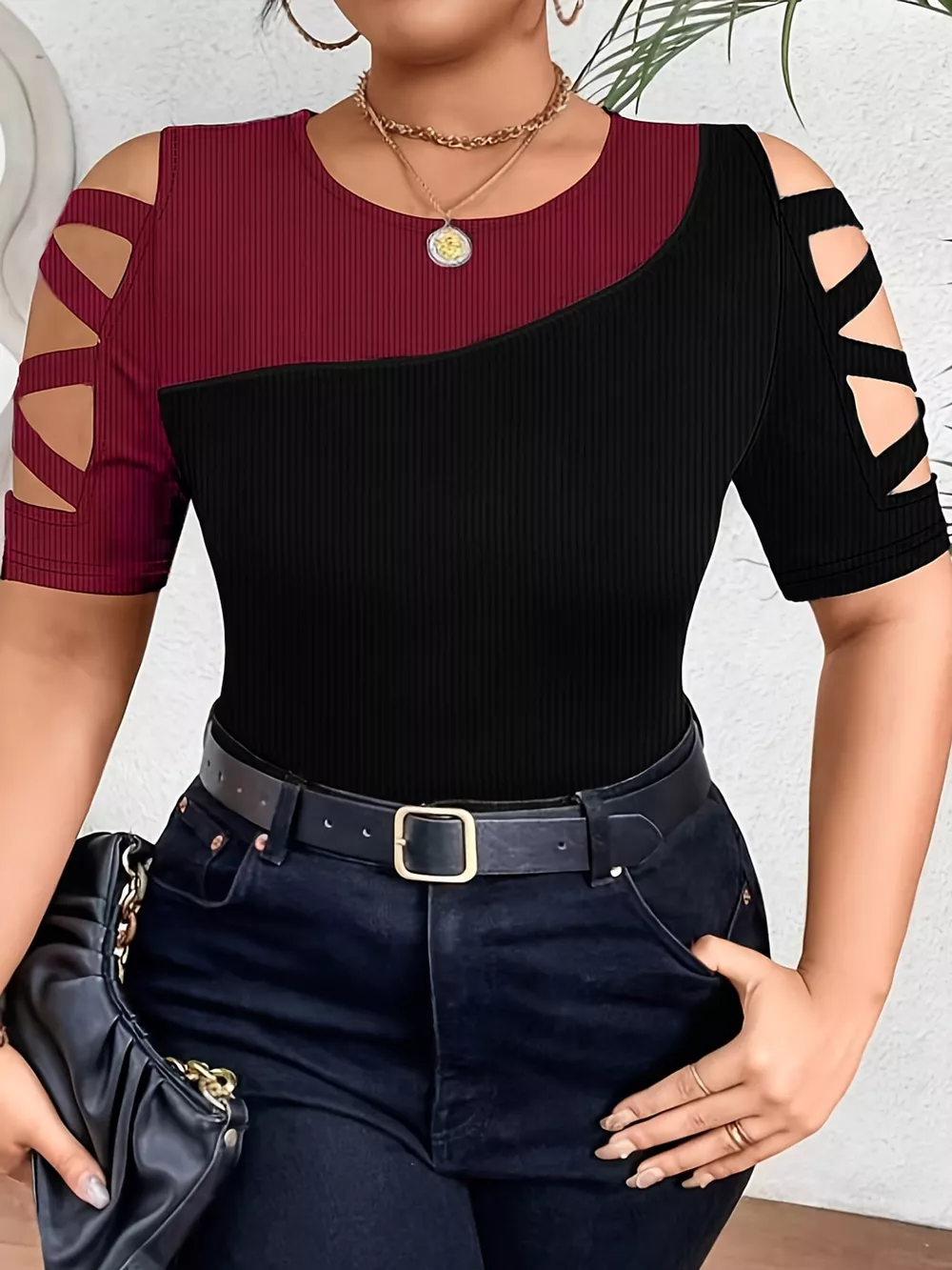 Plus Size Color Block Cutout Sleeve T-Shirt, image 8