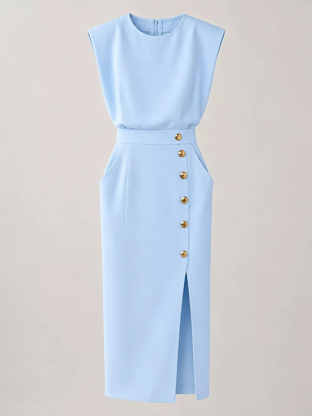 Sleeveless Midi Dress with Gold Button Detail and Side Slit, image 29
