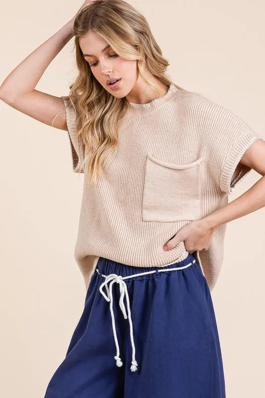Solid Cap Sleeve Stitch Edge Knit Sweater, image 5