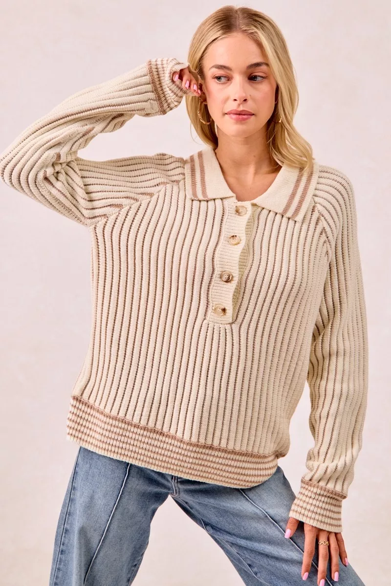 Half Button Ribbed Two Tone Sweater, image 9