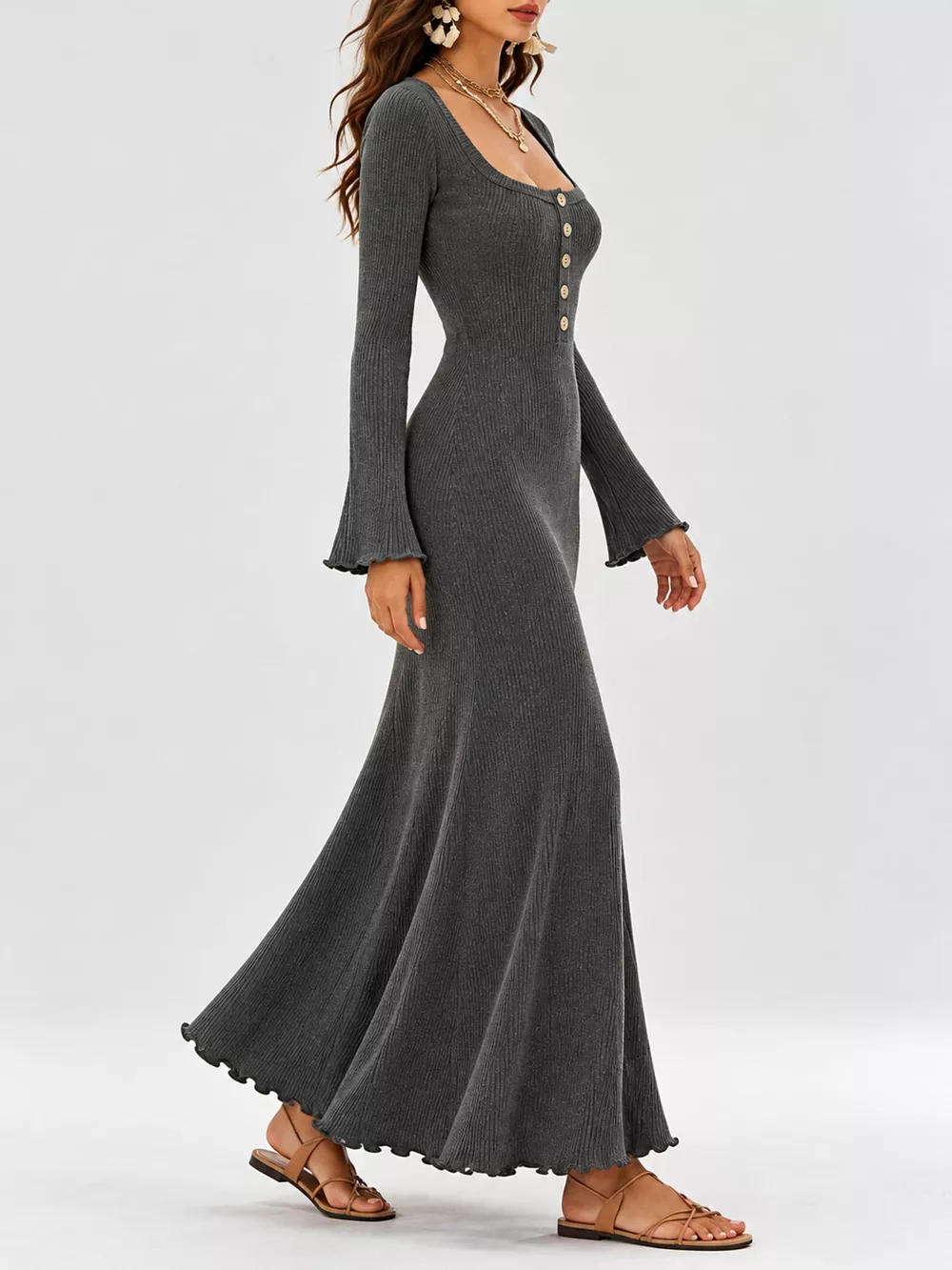 Button-Front Ribbed Knit Maxi Dress, image 19