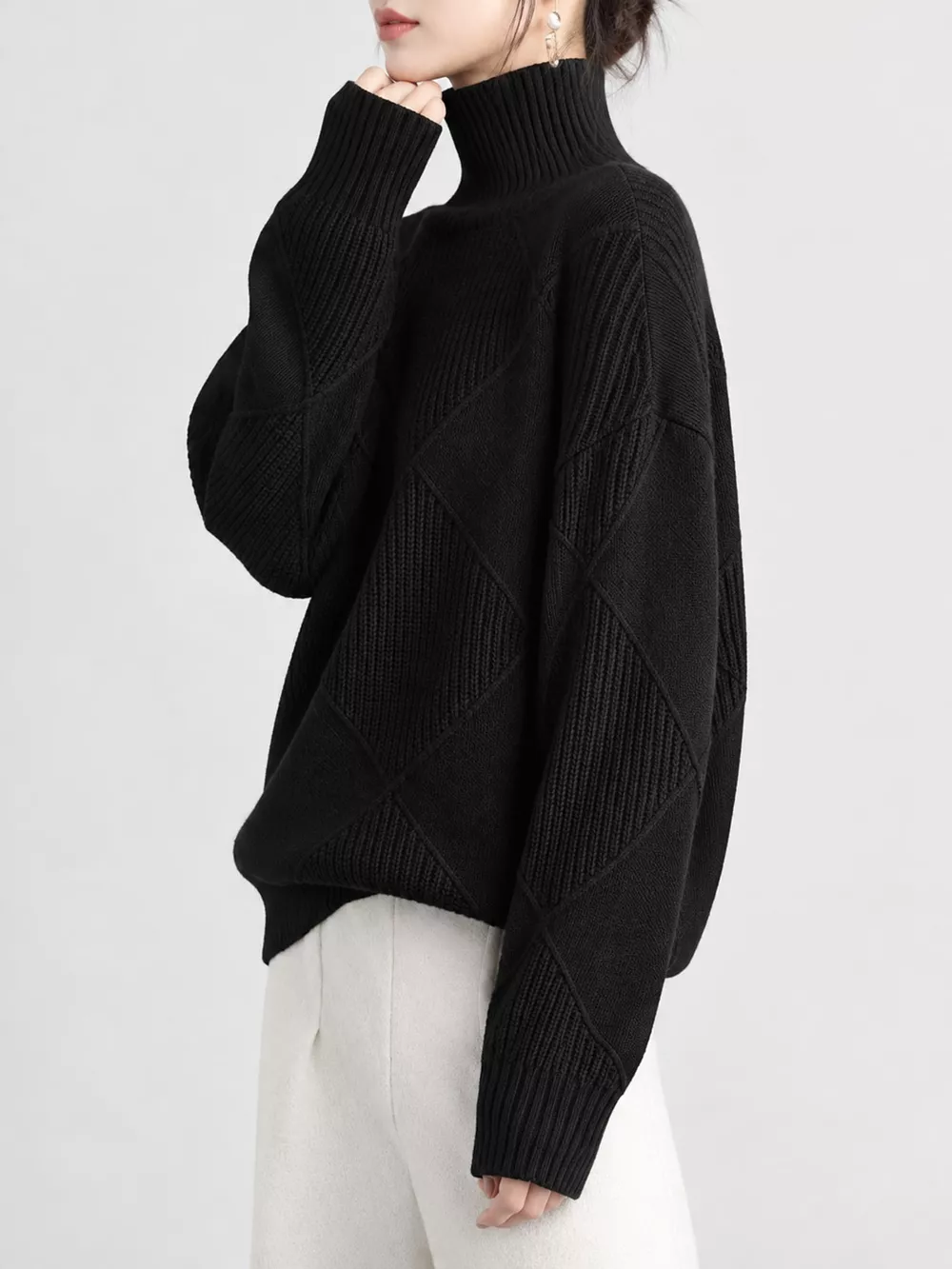 Full Size Diamond Pattern Turtleneck Sweater Plus Size, image 21