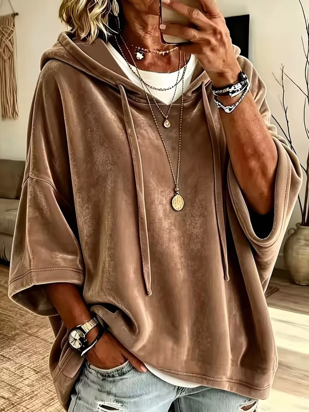 Full Size Velvet Half Sleeve Hoodie with Drawstring Plus Size