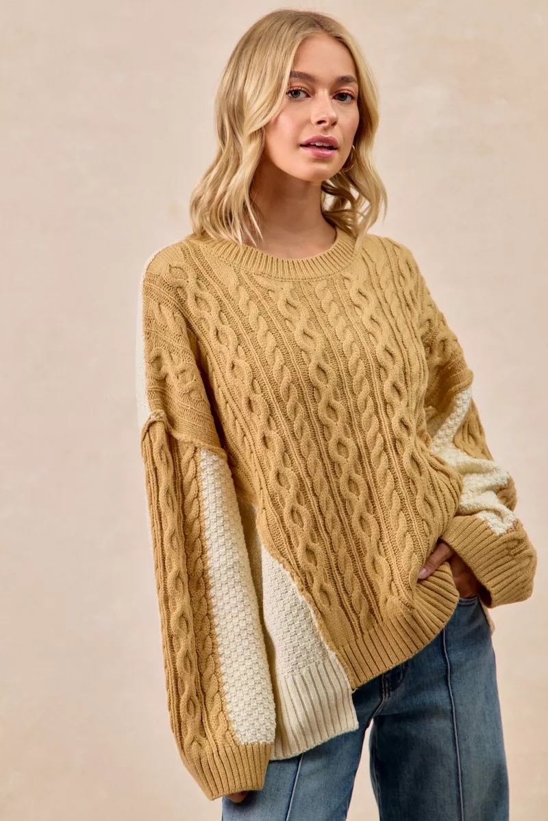 Cable Knit With Hacci Combo Sweater With Uneven Hem Detail, image 4
