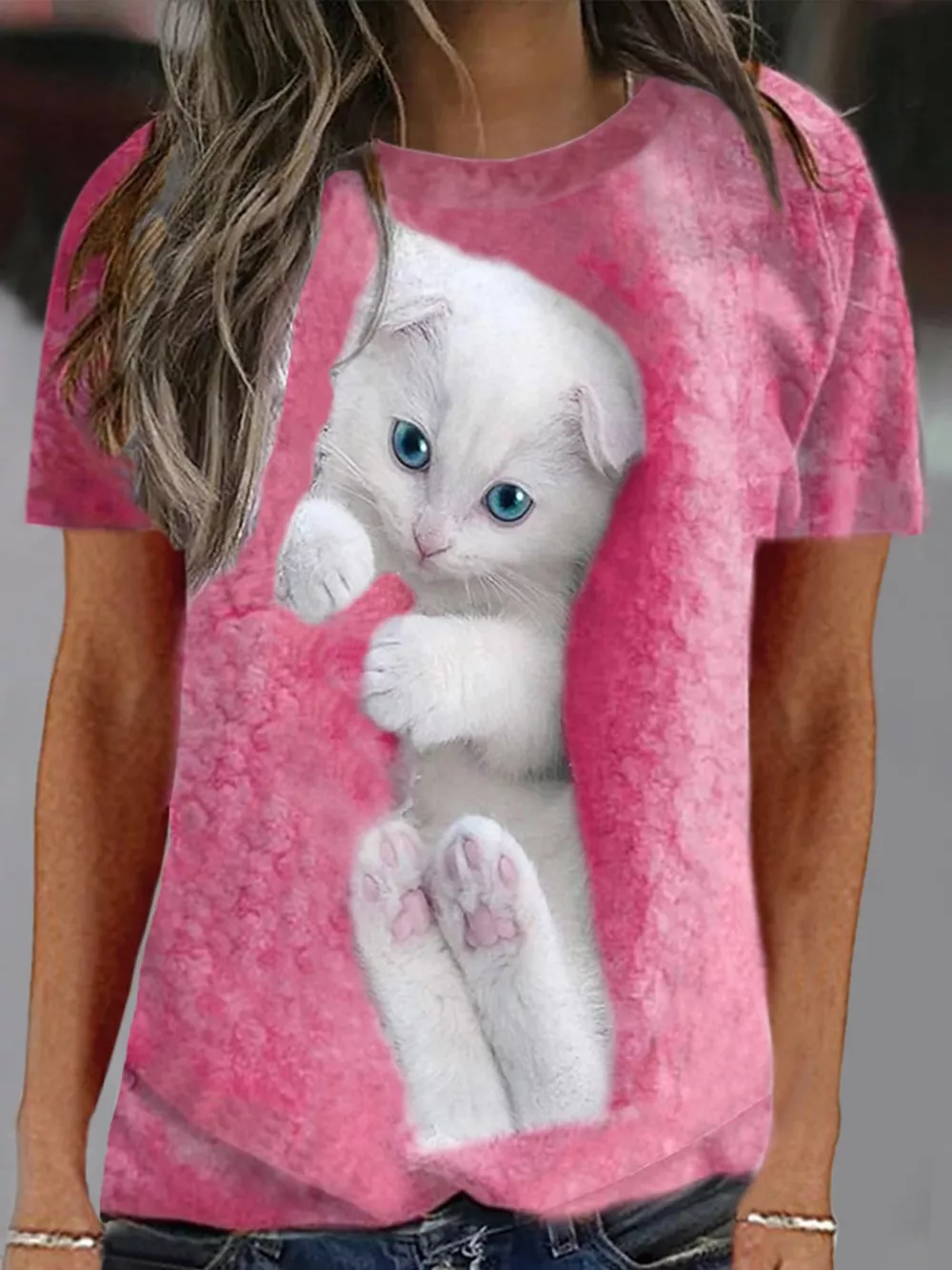 Full Size Cat Graphic Round Neck Top Plus Size, image 24