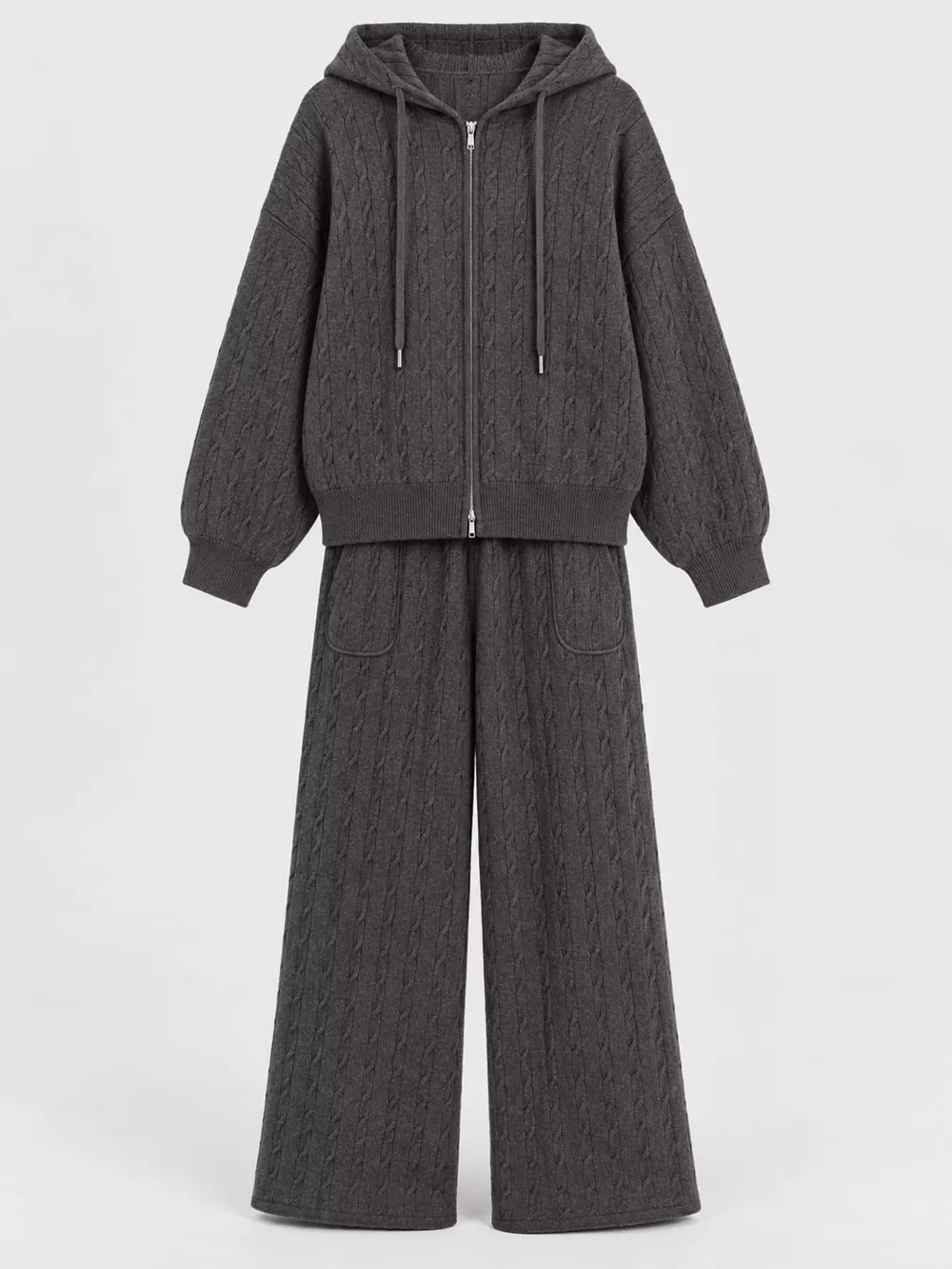 Cable Knit Zip-Up Hooded Cardigan and Wide-Leg Pants Sweater Set, image 6