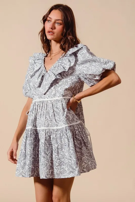 Cotton Printed Ruffle V Neckline Dress with Side Tie, image 7