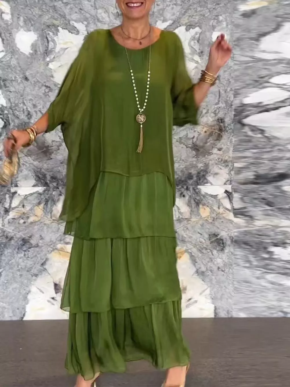 Full Size Layered Batwing Sleeve Maxi Dress Plus Size, image 42