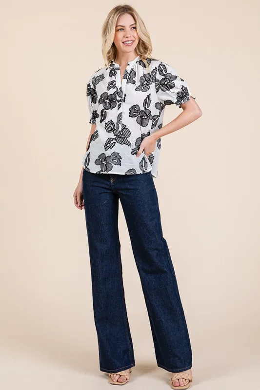 Embroidered Split Neck Puff Sleeve Blouse, image 2