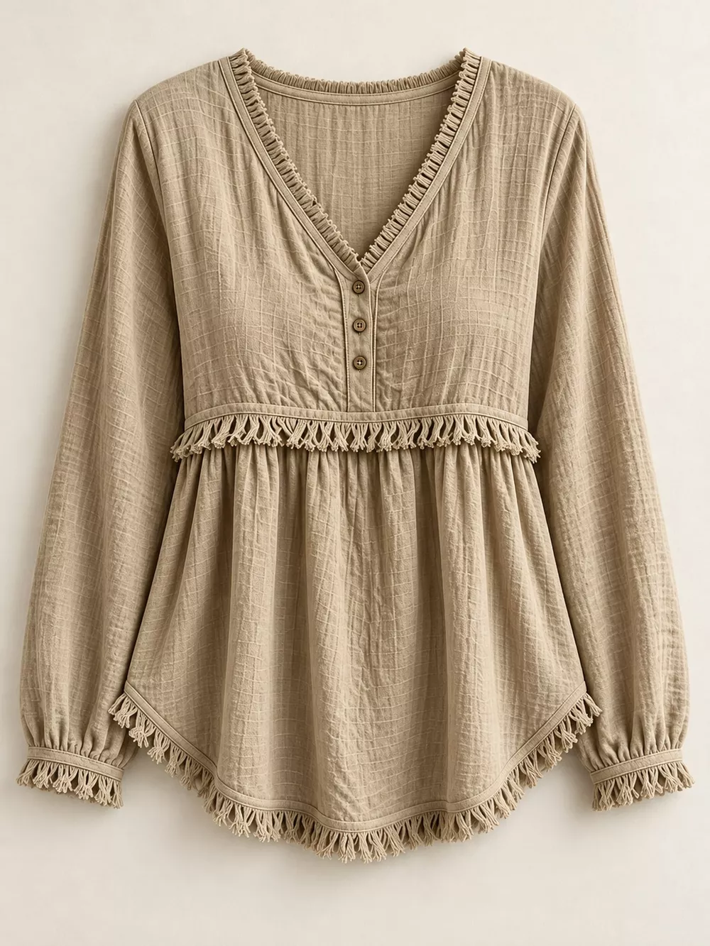 Full Size Fringed Trim V-Neck Long Sleeve Blouse Plus Size, image 21