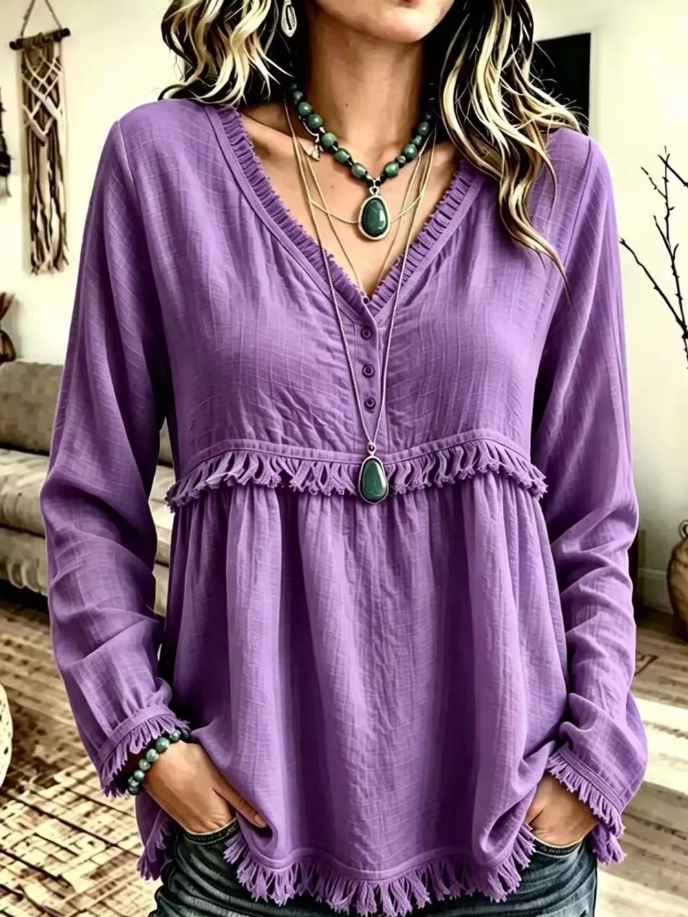 Full Size Fringed Trim V-Neck Long Sleeve Blouse Plus Size, image 33