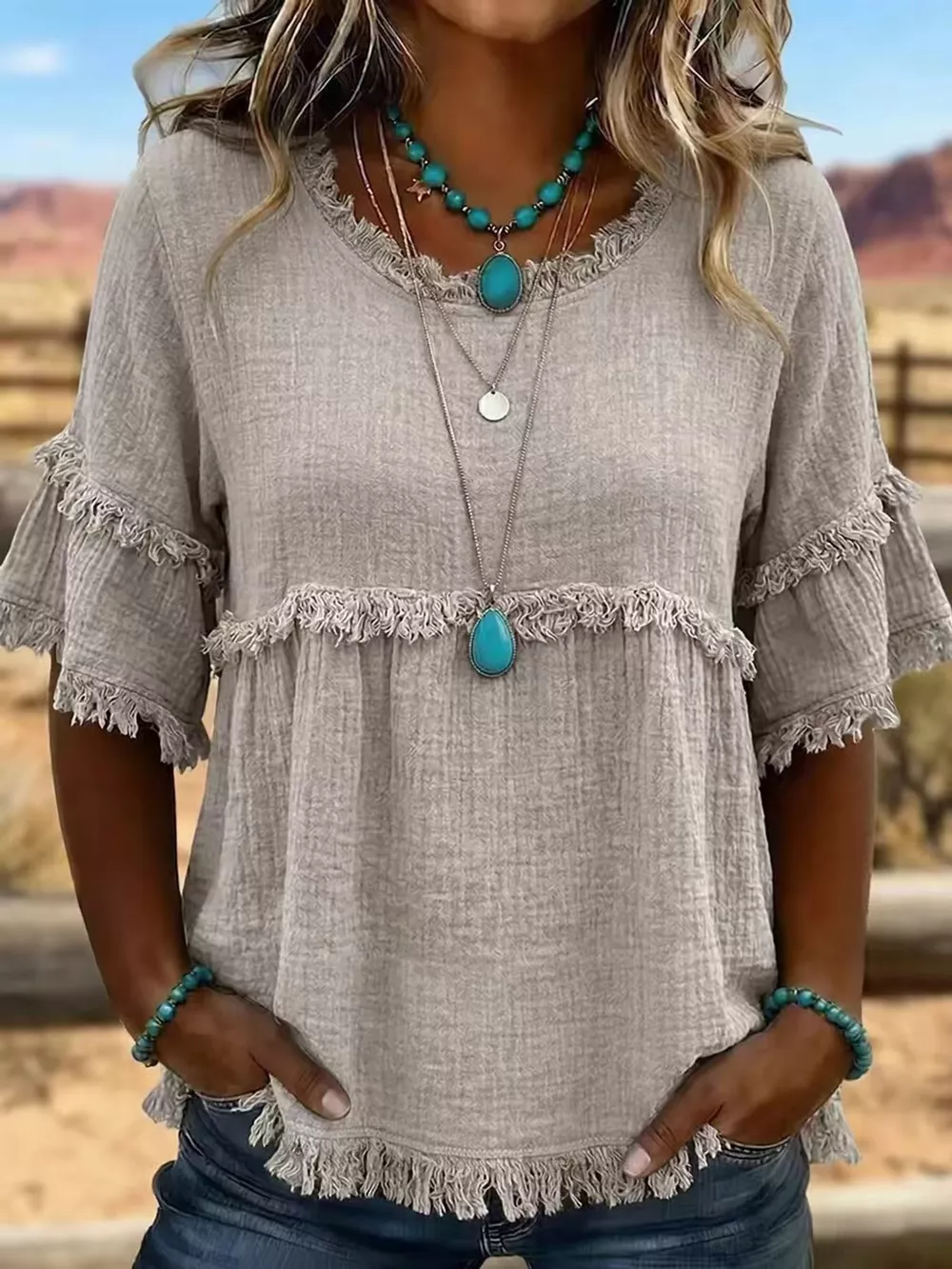 Full Size Frayed Edge Textured Blouse Plus Size, image 42