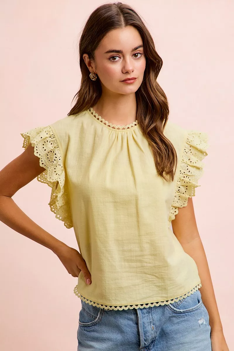 BiBi Cotton Solid Ruffle Sleeve Lace Detail Blouse Top, image 14