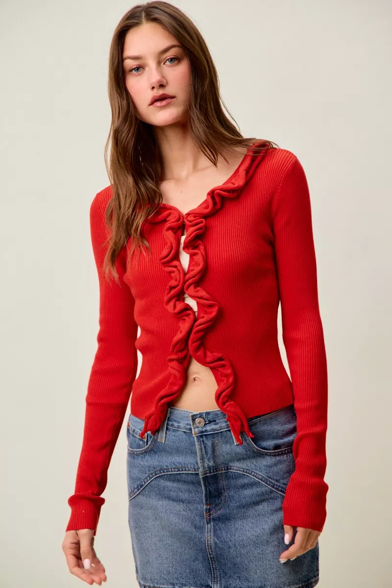 Cascade Ruffle Ribbed Sweater Cardgian, image 6