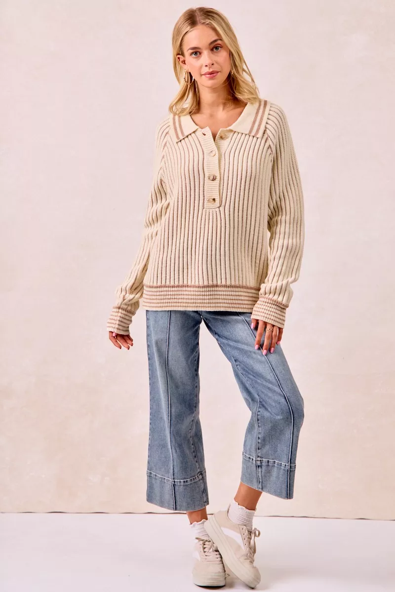 Half Button Ribbed Two Tone Sweater, image 16