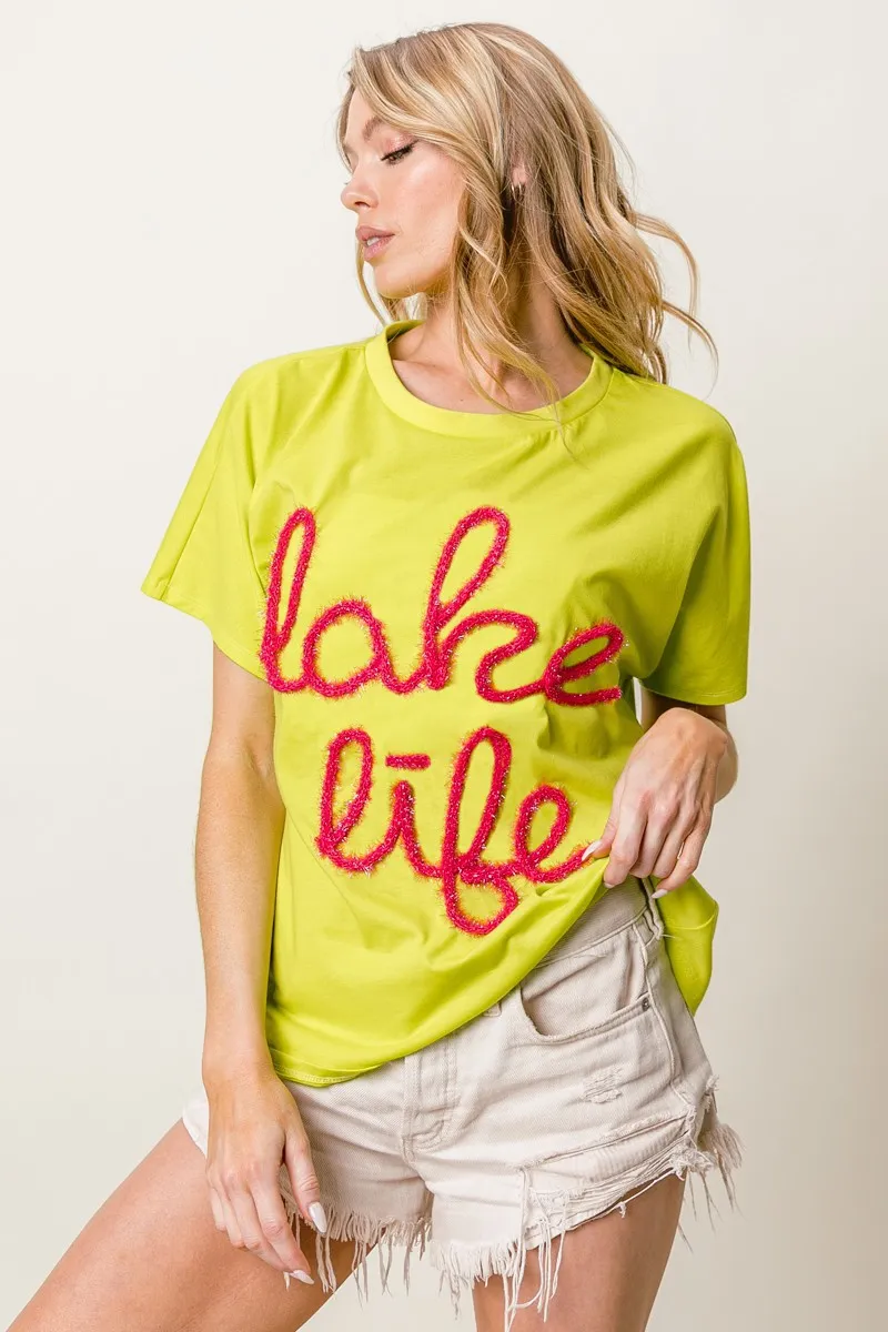 Metallic Letter Short Dolman Sleeve Top