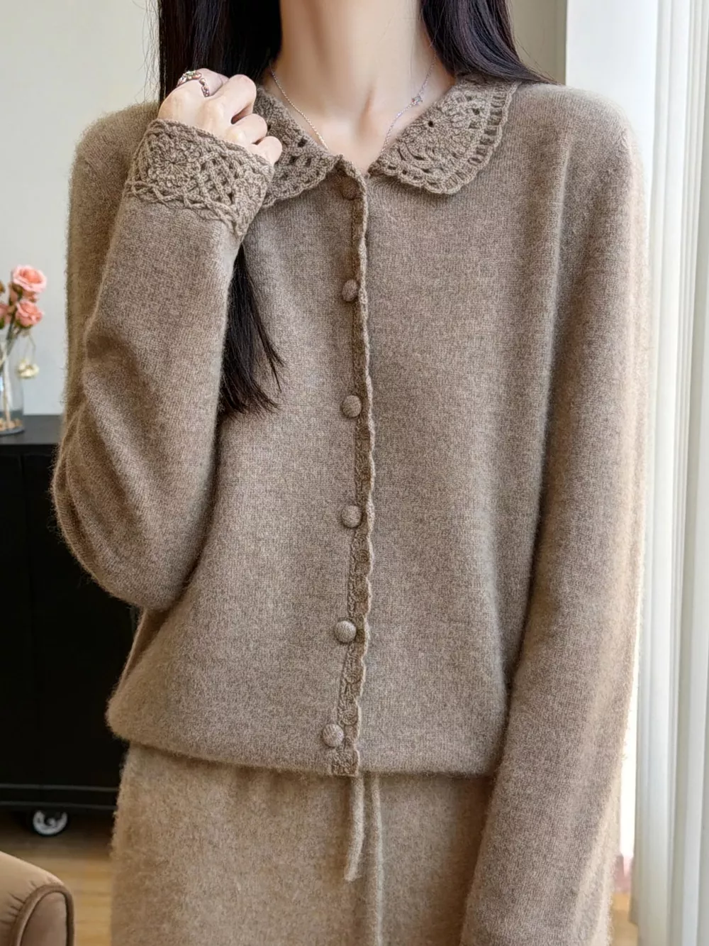 Lace-Collar Button Down Knit Cardigan, image 10