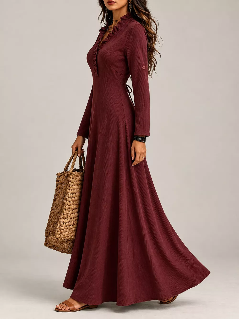 Full Size Frill Roll-Up Sleeve Maxi Dress Plus Size, image 15