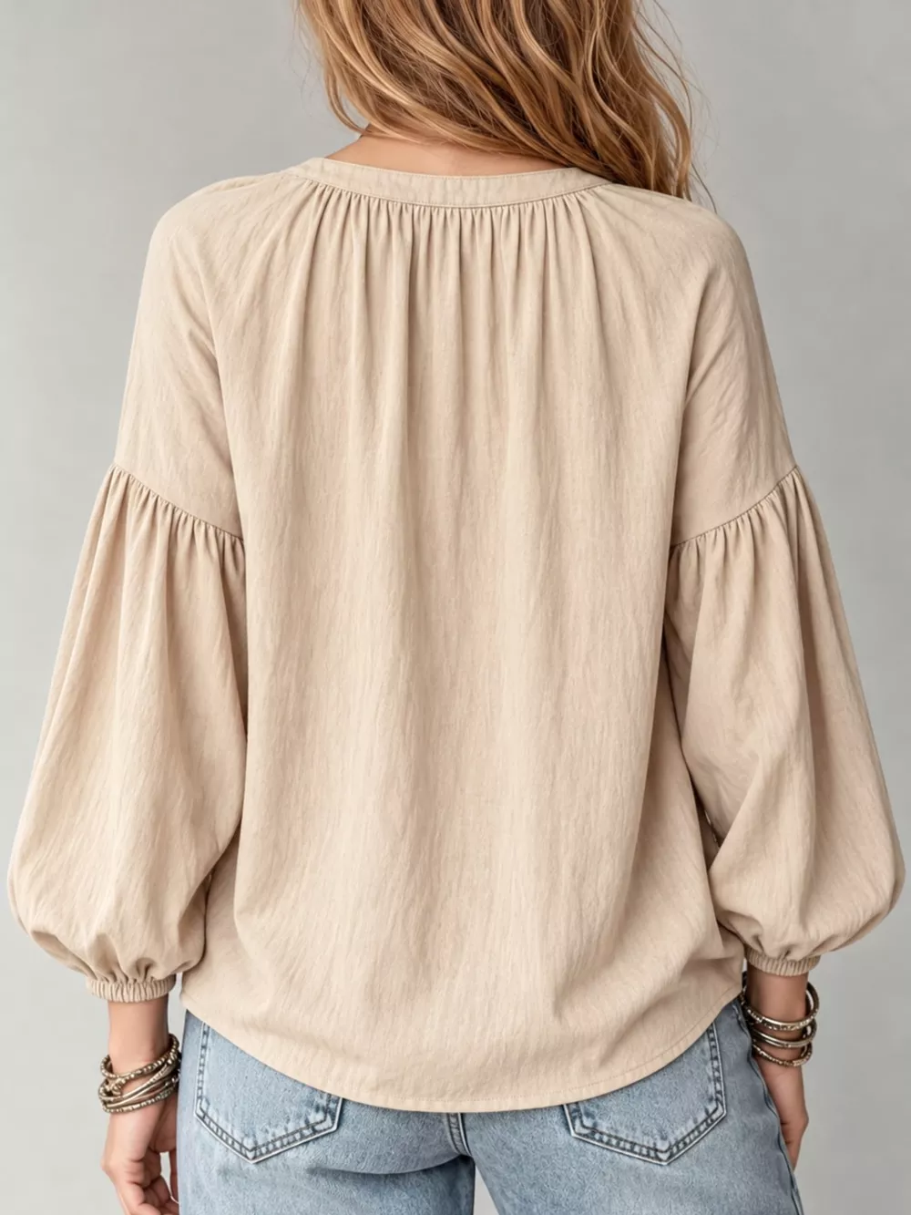 Full Size Notched Balloon Sleeve Blouse Plus Size, image 34