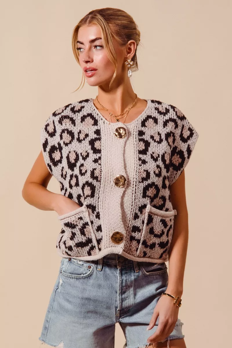Big Metal Button Front Leopard Sweater Vest Top