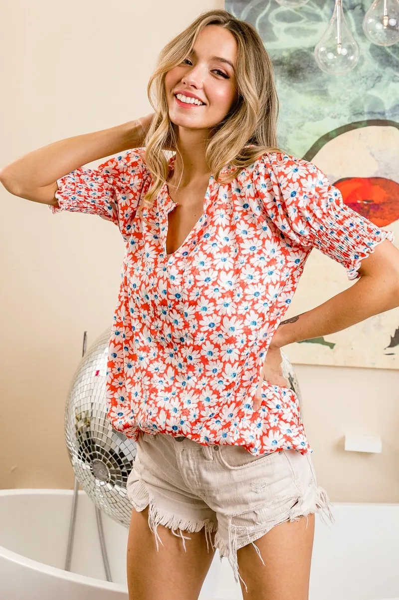 Floral Jqd Smoked Puff Sleeves V Neck Top, image 13
