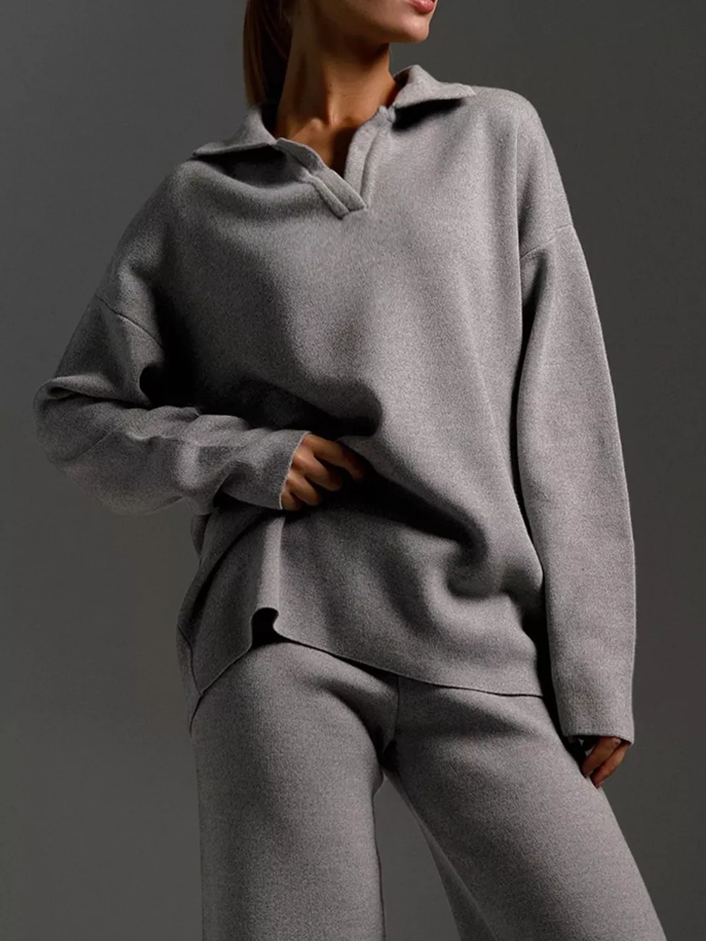 Polo Collar Top and Wide-Leg Pants Set, image 23