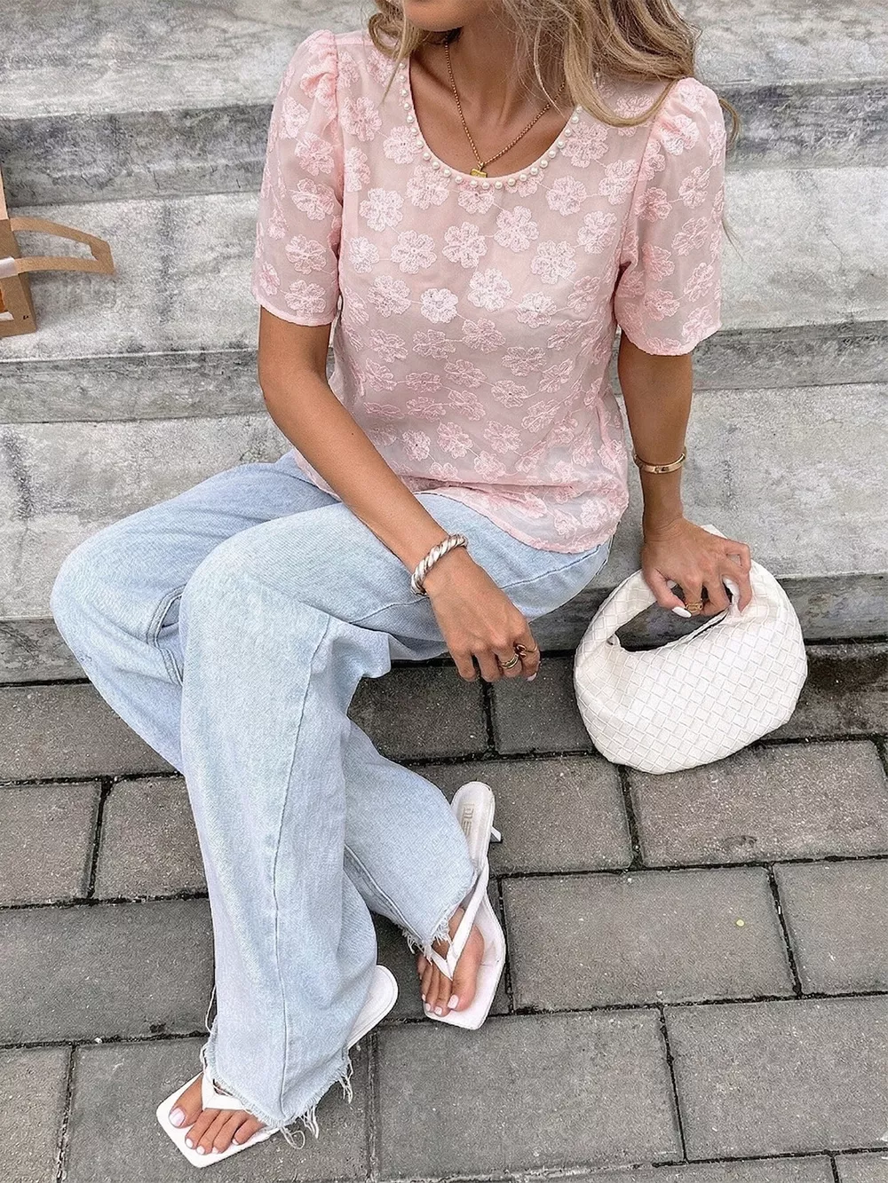 Floral Embroidered Pearl Trim Blouse, image 5