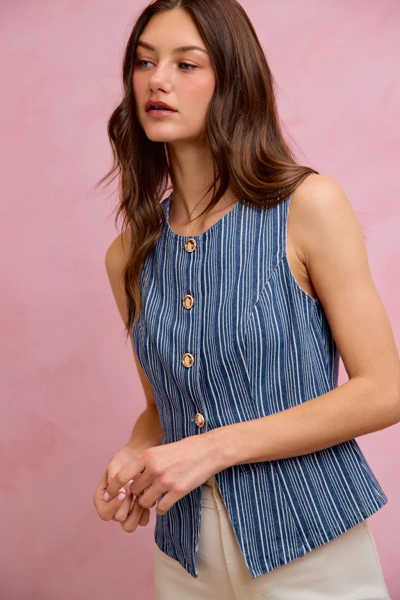 Stripe Slim Fit Button Front Denim Vest Top, image 7