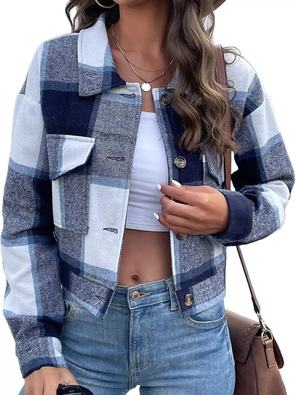 Plaid Button-Front Cropped Jacket, image 3