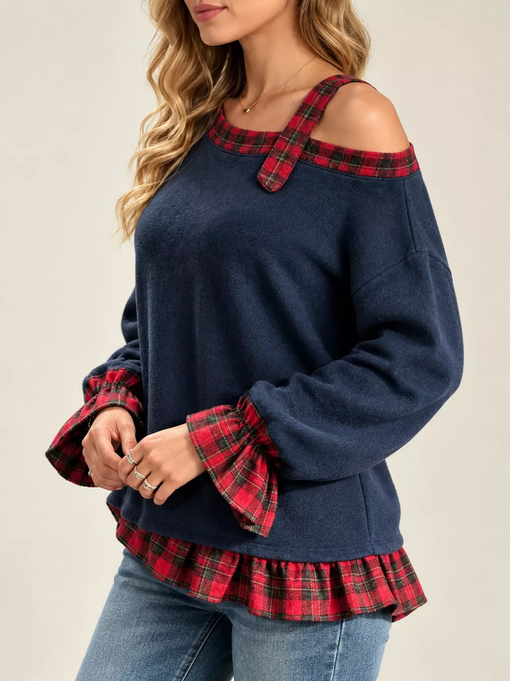 Full Size Plaid Ruffled Hem Asymmetrical Neck Sweatshirt Plus Size, image 21
