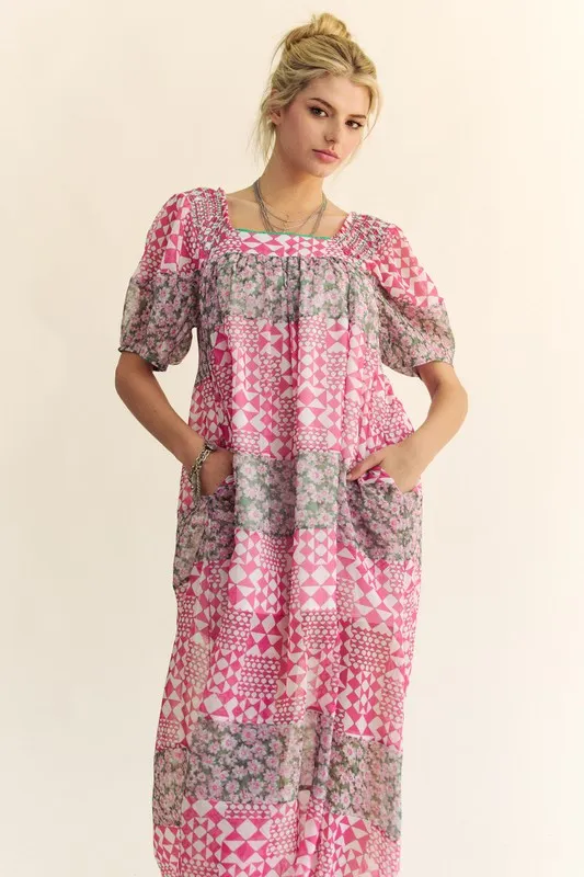 Multi Floral Square Neck Puff Sleeve Maxi Dress, image 8