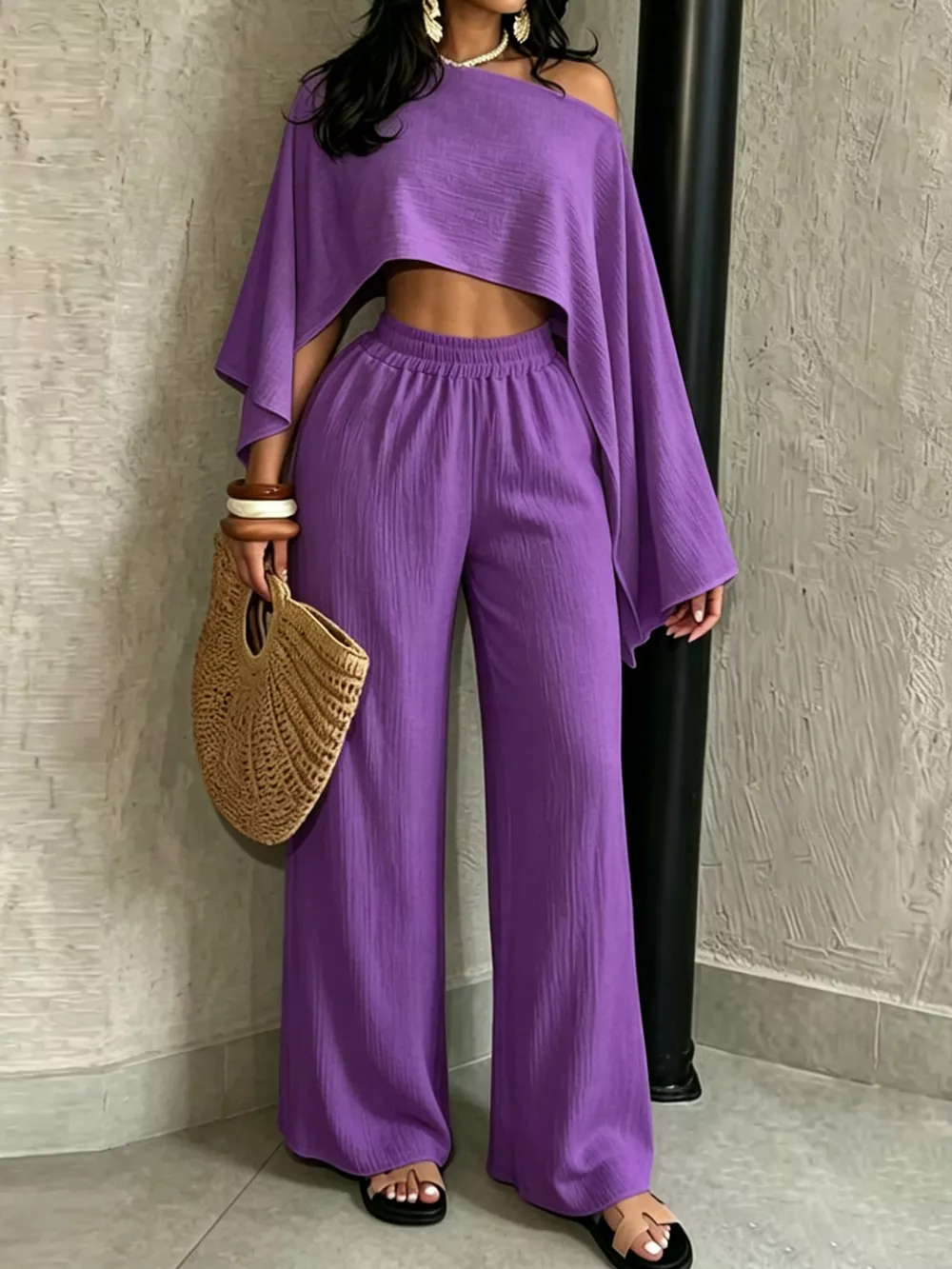 Boat Neck Crop Top and Wide-Leg Pants Set, image 45