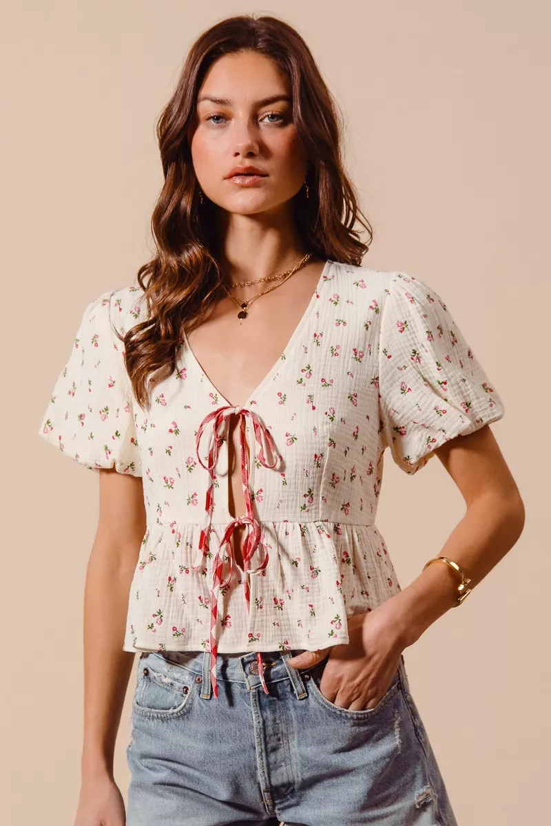 Ditsy Floral Print Gauze Tie-Front Blouse, image 6