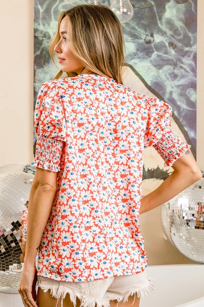 Floral Jqd Smoked Puff Sleeves V Neck Top, image 20