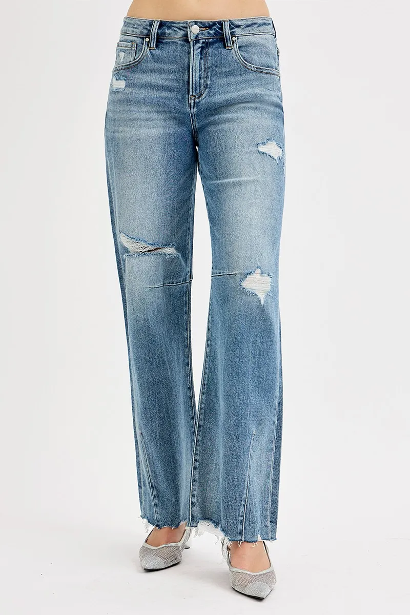 Full Size Mid Rise Fit Wide Baggy Leg Tie Washed Jeans Plus Size, image 2