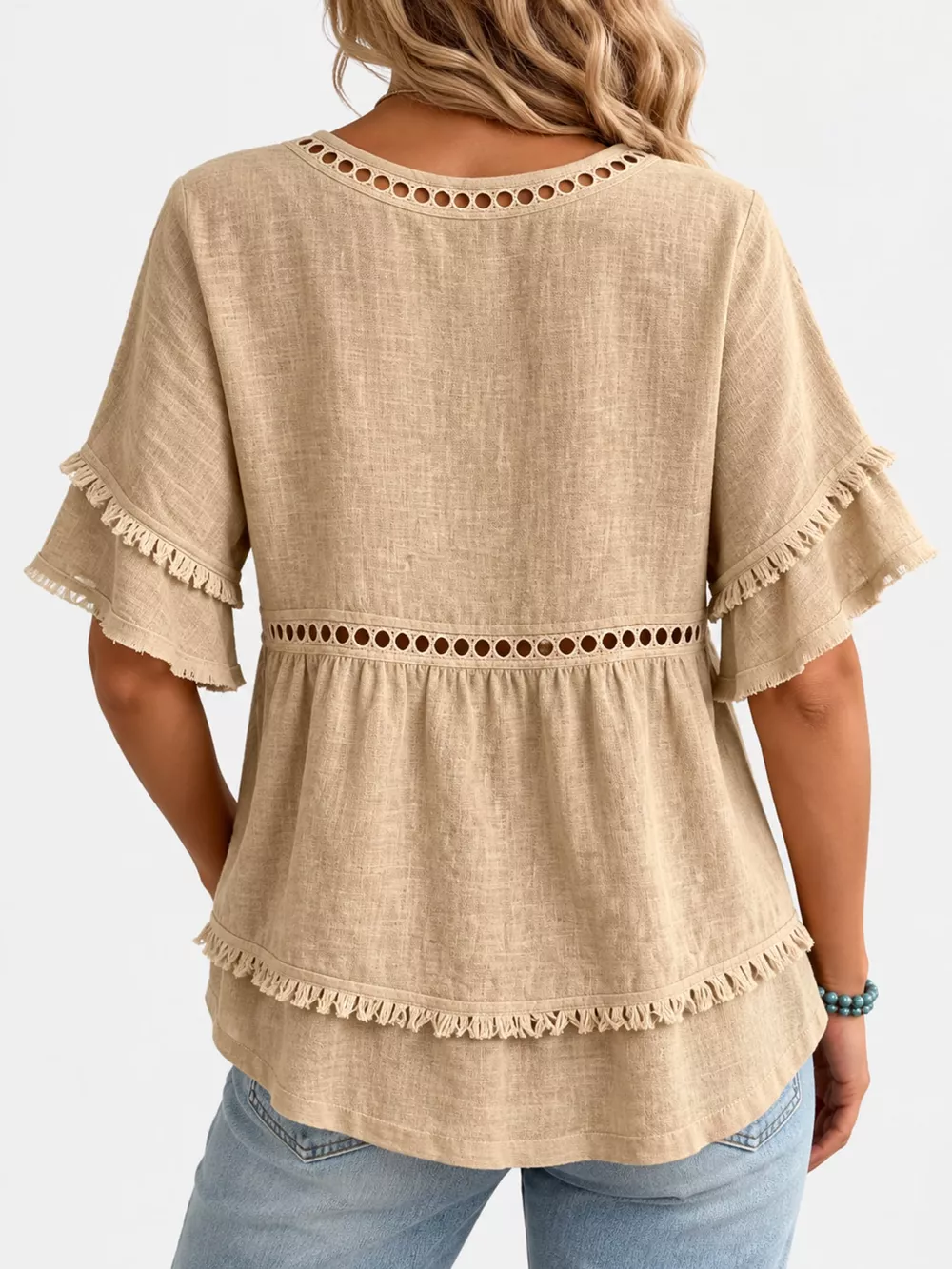 Full Size Frayed Hem V-Neck Blouse Plus Size, image 3