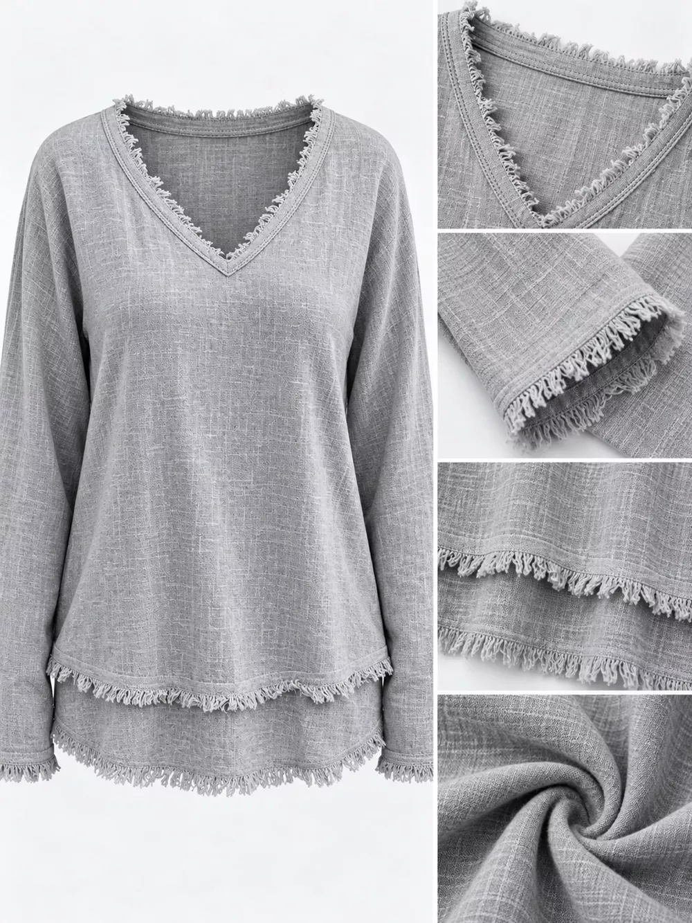 Full Size Frayed Hem V-Neck Long Sleeve Blouse Plus Size, image 5