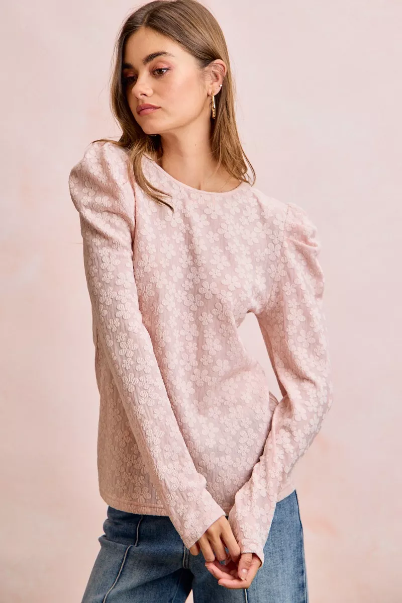 Textured Flower Knit Puff Shoulder Top, image 5