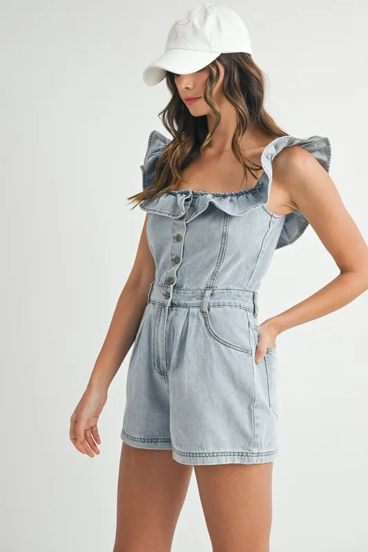Off Shoulder Ruffle Detail Denim Romper, image 6