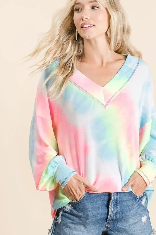 Tie Dye French Terry V-Neck Top with Puff Sleeves, image 6