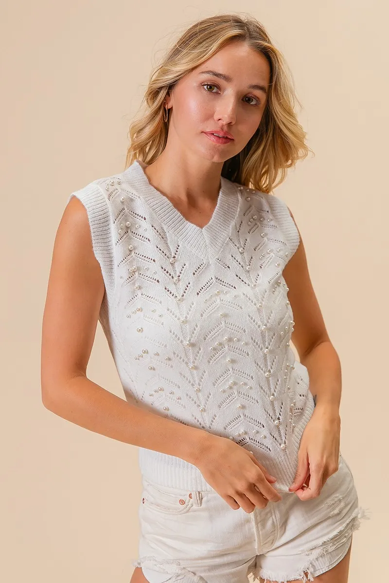 Chevron Pointelle Pearl Knit Top, image 2