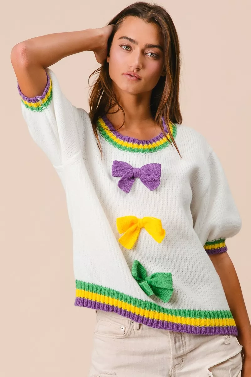 Short Puff Sleeve Ribbon Bow Mardi Gras Sweater, image 3