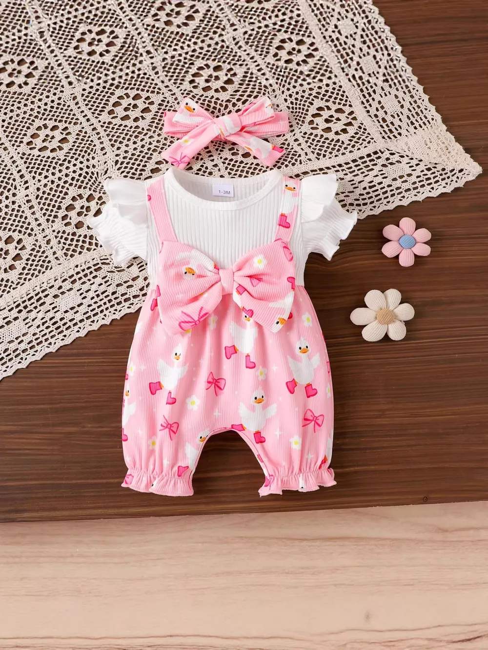 Children's Bow Duck Print Romper with Headband, image 3