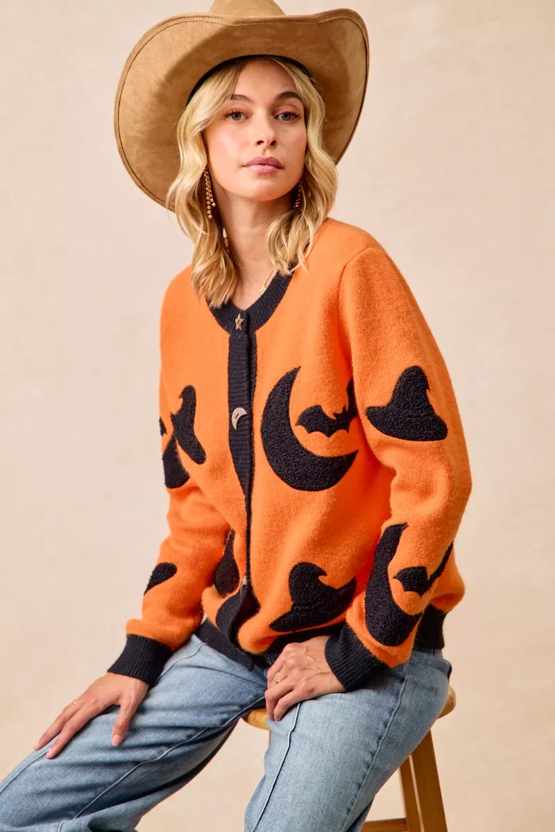 Halloween Witch Hat Moon Bat Artwork Cardigan, image 4