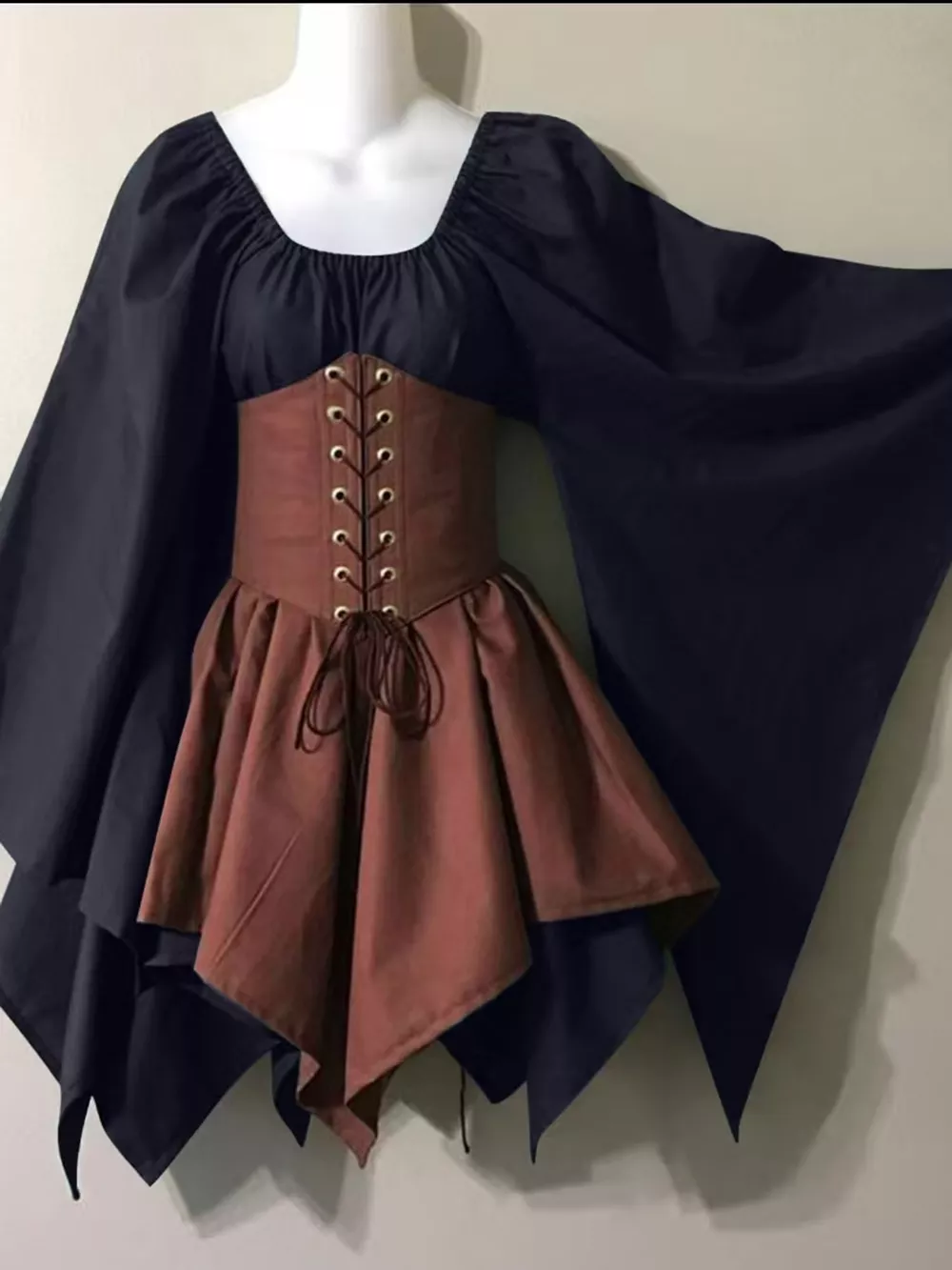 Full Size Lace-Up Flare Sleeve Irregular Hem Dress Plus Size, image 33