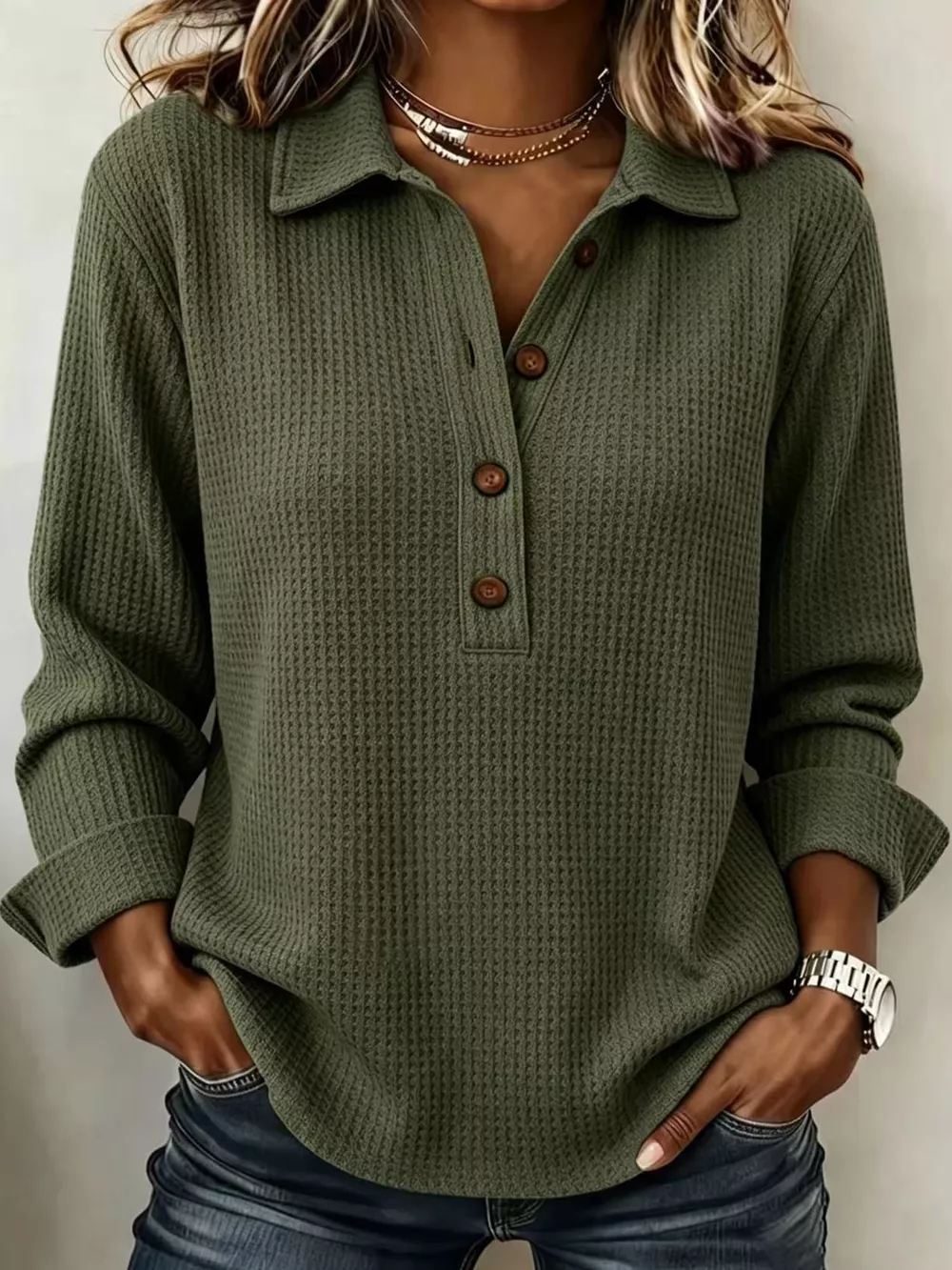 Full Size Waffle Knit Long Sleeve Polo Top Plus Size, image 27
