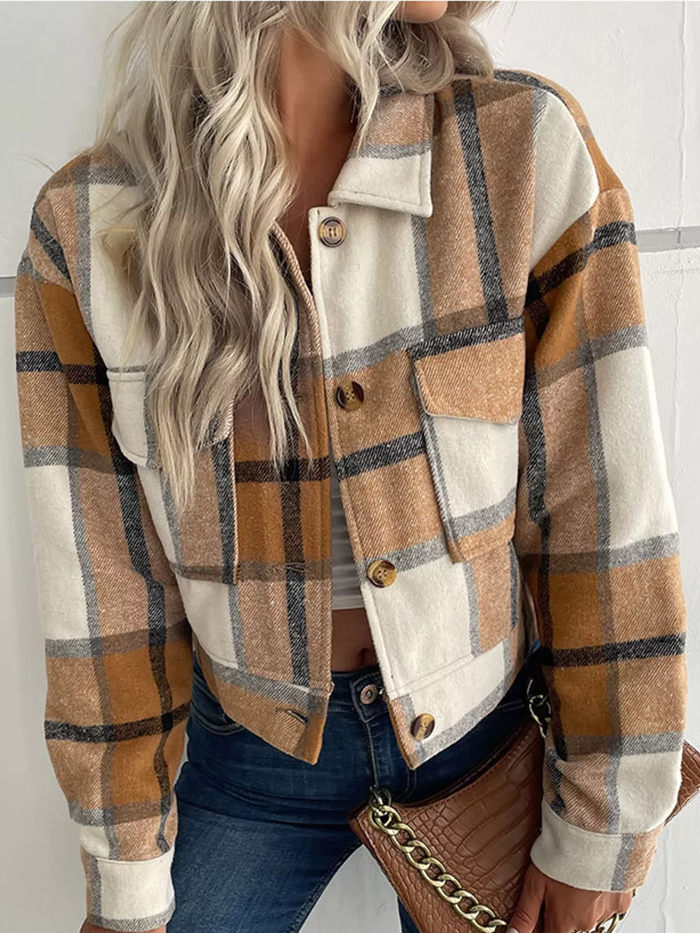 Plaid Button-Front Cropped Jacket, image 12